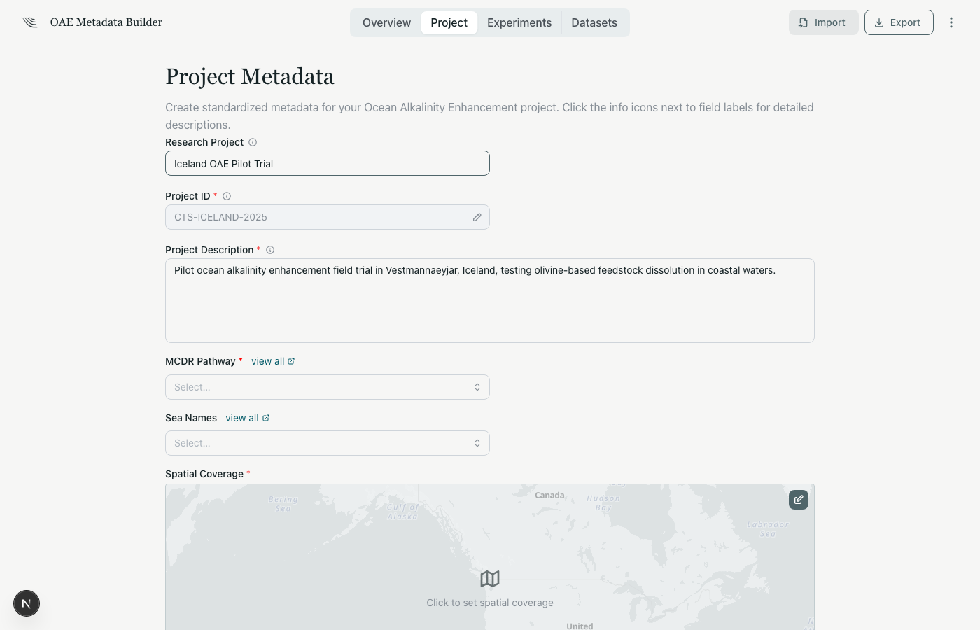 Project metadata form with sample data