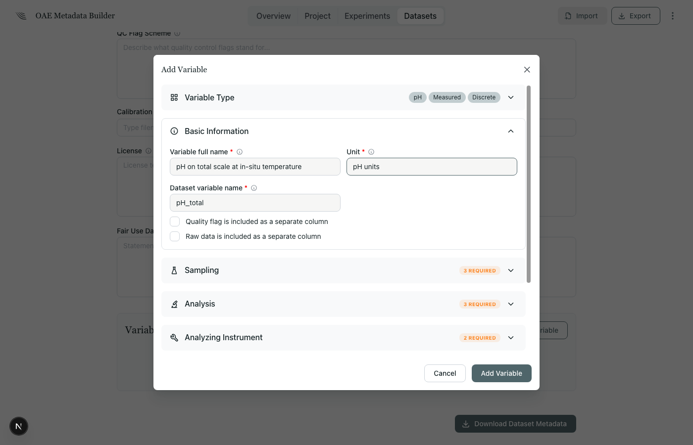 Variable modal showing pH variable with accordion sections