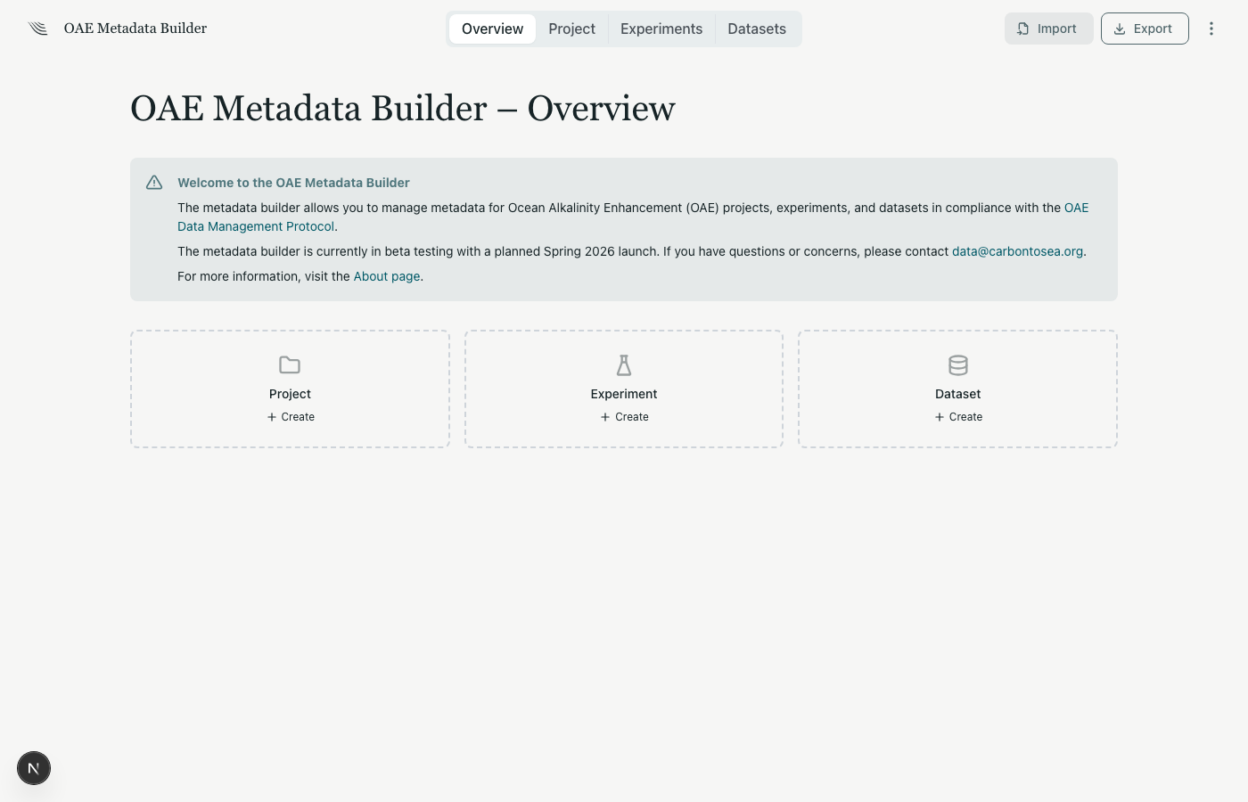 OAE Metadata Builder overview page